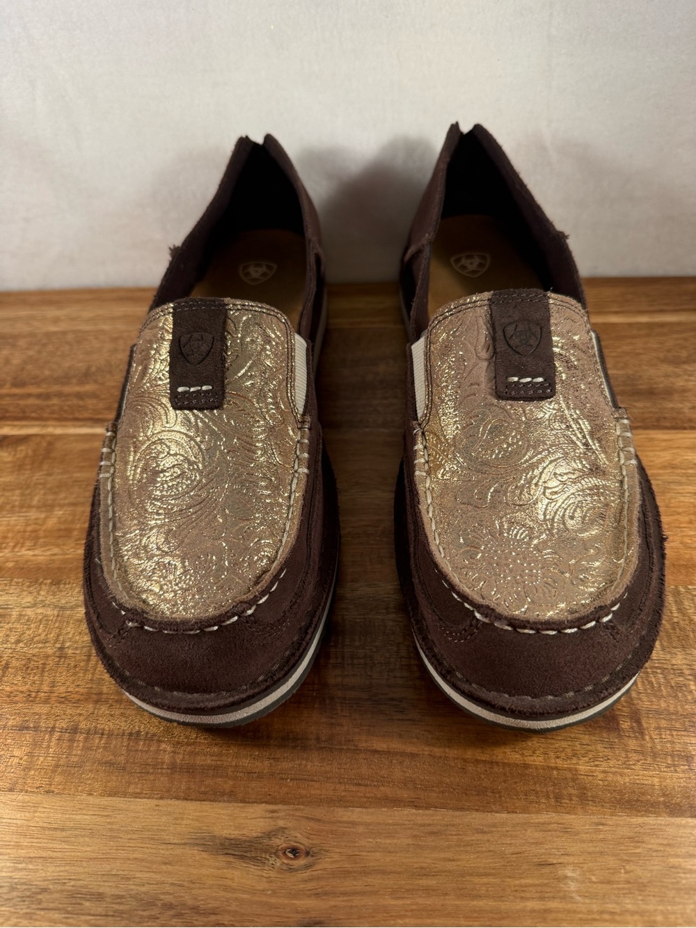 Ariat Cruiser Loafers in Brown Suede with Tooled Gold Leather Top Size 10